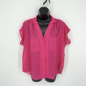 Nicola VINTAGE Pink Button Front Blouses Women Sz 16 Sheer Pockets V-Neck Barbie